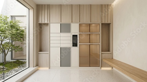 Modern Smart Locker System with Natural Wood Accents and Zen Garden View