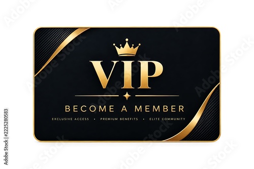 VIP membership card with luxury gold crown and black design. Exclusive access pass for elite club members, premium loyalty reward template, elegant corporate voucher concept
