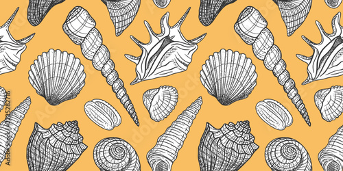 Marine, nautical, sea life, underwater seamless pattern with various types of seashells drawn in sketch style on a yellow mustard background