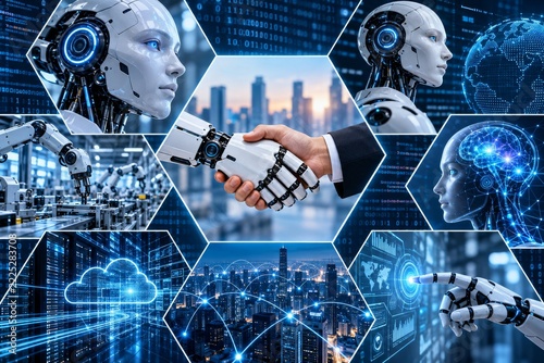 Hexagonal Collage of Human Robot Handshake and Connected Technology Scenes