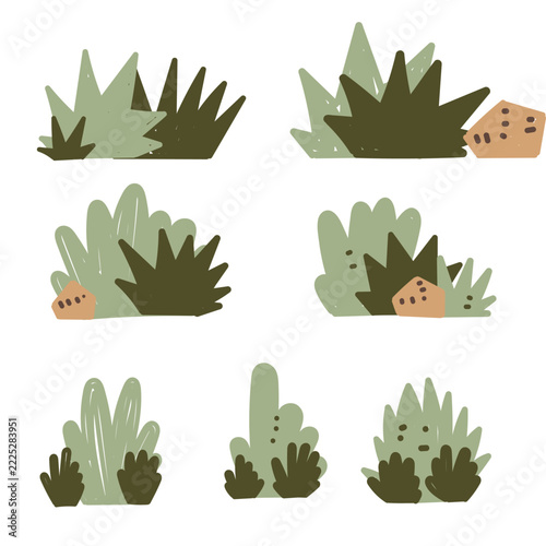 Collection of handdrawn doodle icons featuring various bushes, grass clumps, shrubs, and stones. Organic line art vector illustrations perfect for nature backgrounds, garden graphics, game assets
