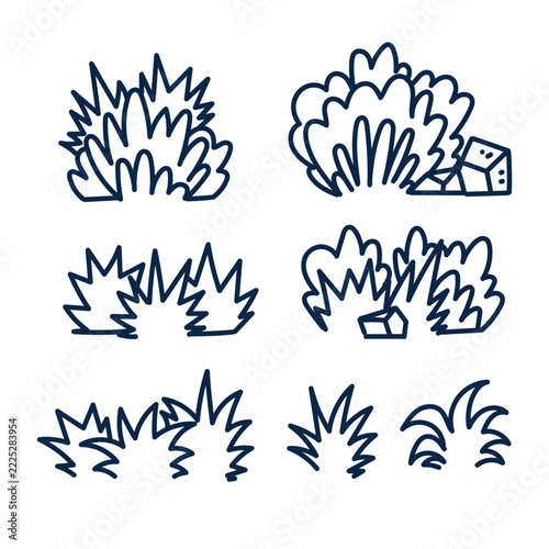 Collection of handdrawn doodle icons featuring various bushes, grass clumps, shrubs, and stones. Organic line art vector illustrations perfect for nature backgrounds, garden graphics, game assets
