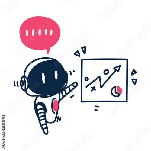 cute AI robot characters presenting business charts, pie graphs, and data analytics dashboards. Modern hand-drawn line art doodle style vector illustrations perfect for presentations, marketing  icon