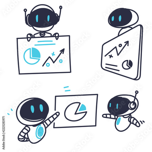 cute AI robot characters presenting business charts, pie graphs, and data analytics dashboards. Modern hand-drawn line art doodle style vector illustrations perfect for presentations, marketing  icon