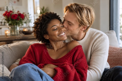 Loving adult couple sharing a warm affectionate moment together at home