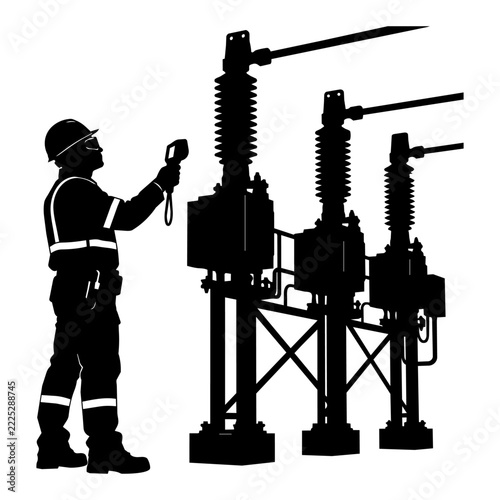 Electrical Substation Technician Inspecting High Voltage Switchgear