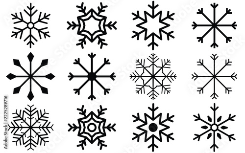Decorative Snowflake Design Collection Featuring Unique Symmetrical Shapes for Seasonal Branding and Print