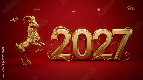 Golden ram standing proudly beside large shiny numbers representing year twenty twenty seven against crimson background