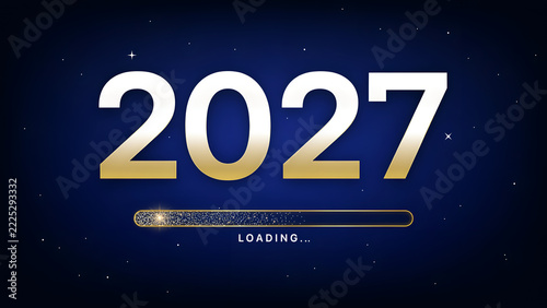 Golden and white glowing 2027 new year typography loading bar against dark blue starry night sky background