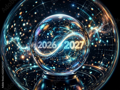 Inside the glass sphere, a curved, luminous graphic shows the year changing from 2026 to 2027. Surrounding the sphere is a dark, digital space filled with floating particles of light.