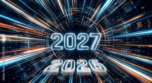 A time-tunnel effect. Motion-blurred streaks of light race through the center of the frame; within the tunnel, the three-dimensional digits 