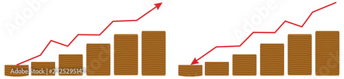 Financial Growth and Investment Concept with Rising Coin Stacks and Red Upward Arrows