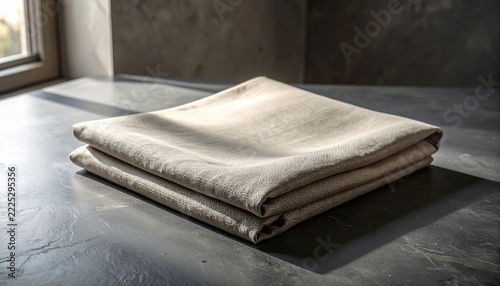 Perfectly folded piece of heavyweight taupe linen fabric resting neatly on a flat dark stone tabletop in soft light
