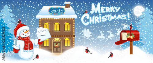 Christmas card with Santa's workshop and funny Snowman with Santa letter wishlist and mailbox against winter forest background.