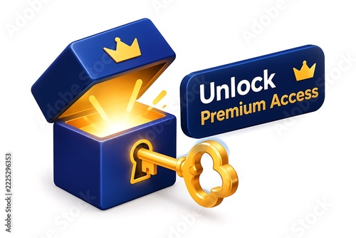 Unlock premium access, 3D blue treasure chest with glowing light and golden key. VIP membership and exclusive subscription concept design