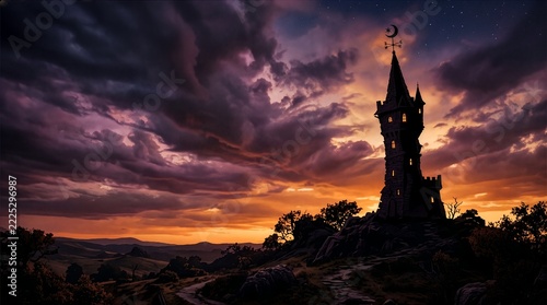 Spooky silhouette of a mysterious wizard tower on a rocky hilltop under a dramatic purple and orange twilight sky for Halloween concept.