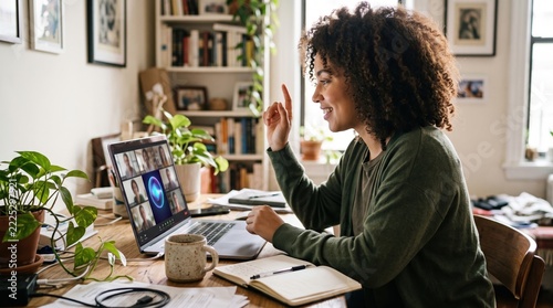Woman attending AI business meeting on laptop with video call interface in bright home office. Natural lighting illuminates the wooden desk with houseplants and notes for corporate collaboration.