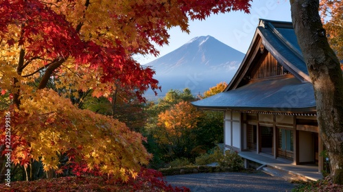 A serene traditional Japanese temple framed by vibrant autumn maple foliage, with the snow-capped peak of Mount Fuji rising in the background.