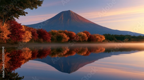 Mount Fuji rises above vivid autumn foliage at sunrise, mirrored perfectly in a calm lake near Kawaguchiko, Japan, creating a serene panoramic landscape.