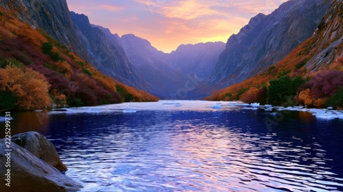 A tranquil alpine lake mirrors a glowing sunset between rugged mountain walls and richly changing autumn foliage, creating a serene highland landscape.