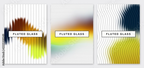 Set of 3 abstract A4 cover designs, brochure and poster templates with fluted glass effect over blurred gradient in white, yellow and gray