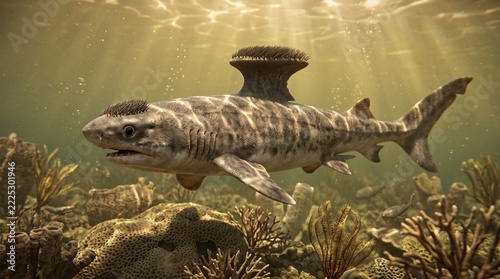 Male Stethacanthus prehistoric shark with anvil dorsal fin and brush spine swimming over Carboniferous coral reef, 3D paleoart.