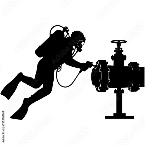 Commercial Diver Inspecting Industrial Pipeline Underwater Silhouette