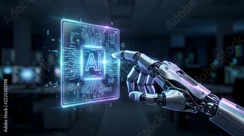 Robotic arm interacting with a futuristic holographic interface displaying complex data visualization
