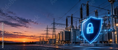 Glowing Blue Cybersecurity Shield and Padlock Protecting Electrical Substation at Sunset