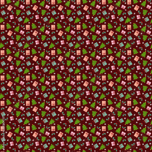 Seamless christmas pattern with festive trees and gift boxes on dark