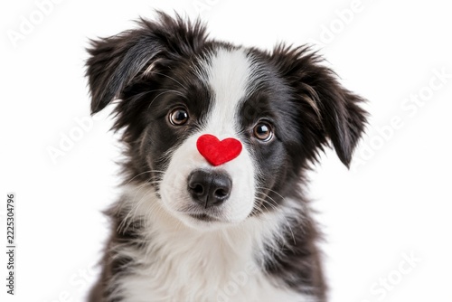 Cute Border Collie Puppy Balancing a Red Heart on Its Nose against White