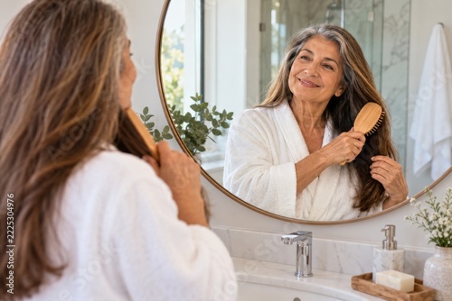 Woman in a White Robe Brushing Brown Hair at a Round Bathroom Mirror