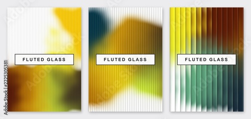 Set of 3 abstract A4 cover designs, brochure and poster templates with fluted glass effect over blurred gradient in white, brown and yellow