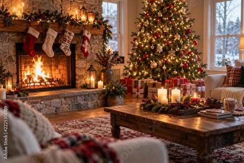 Cozy Christmas Living Room with Fireplace Stockings Candles and Wrapped Gifts