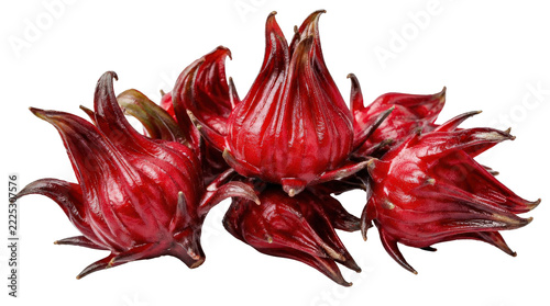 Fresh vibrant red roselle calyces, also known as hibiscus sabdariffa, used for making refreshing drinks and culinary dishes.