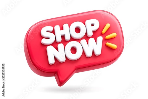Shop now 3D speech bubble icon, red sale tag and promotion badge for e-commerce marketing