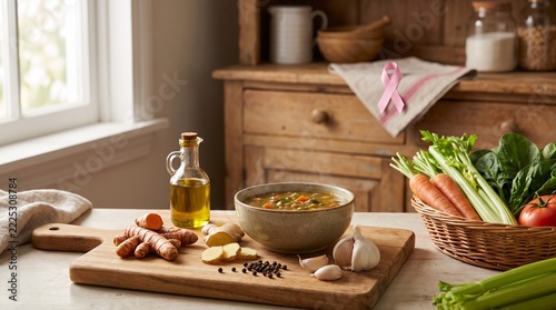 Healthy Mediterranean diet with fresh vegetables, olive oil, nuts and whole grains, illustrating balanced nutrition and wellness during breast cancer treatment.