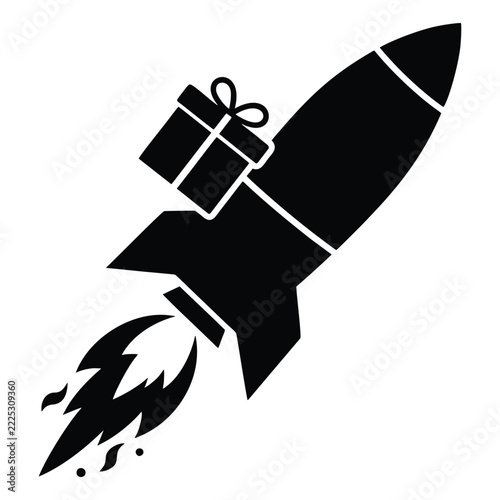 Rocket ship with gift box flying fast on white background, delivery illustration