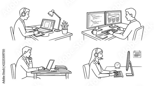 Sociologist's observation of modern remote work environments featuring four professionals using laptops, dual monitors, and headsets in a minimalist line art style