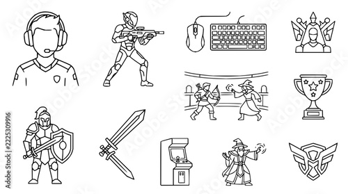 Esports and Gaming Icon Set Collection with Characters, Weapons, and Accessories
