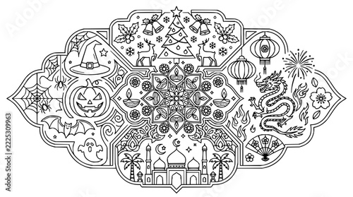 Intricate Mandala and Cultural Icon Collage in Black and White Line Art Style