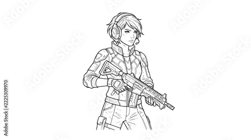 Tactical Female Soldier Character Illustration Holding Assault Rifle in Line Art Style