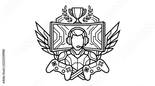 Esports gaming logo featuring a professional gamer with headset, trophy, wings, and game controllers in a symmetrical black and white line art composition