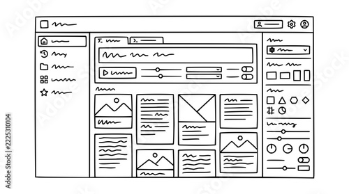 Hand-drawn website dashboard wireframe featuring a layout with image placeholders, text blocks, side navigation menu, and various control settings