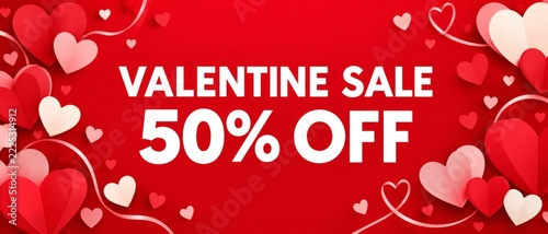 Bold romantic sale banner with decorative hearts on a vivid red background