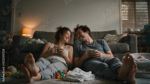 Happy Parents Relaxing with Coffee on Living Room Floor