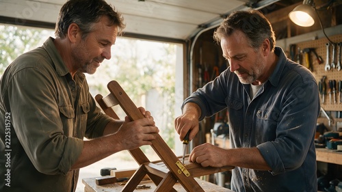 Two Men Assembling Wooden Furniture in Workshop