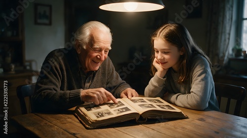Grandfather and Granddaughter Looking at Photo Album