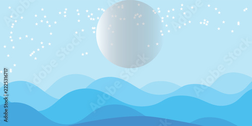 Light Blue White Stars Blue Waves Layered Mountain Night Pattern Background