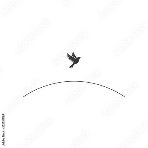 Minimalist black bird silhouette flying over a curved horizon line with line art